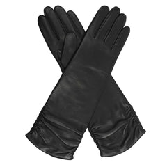 Audrey - Women's Elbow Length Lined Ruched Leather Gloves