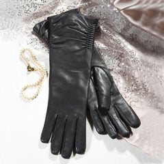 Audrey - Women's Elbow Length Lined Ruched Leather Gloves