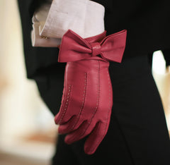 Ella - Women's Silk Lined Leather Gloves with Bow