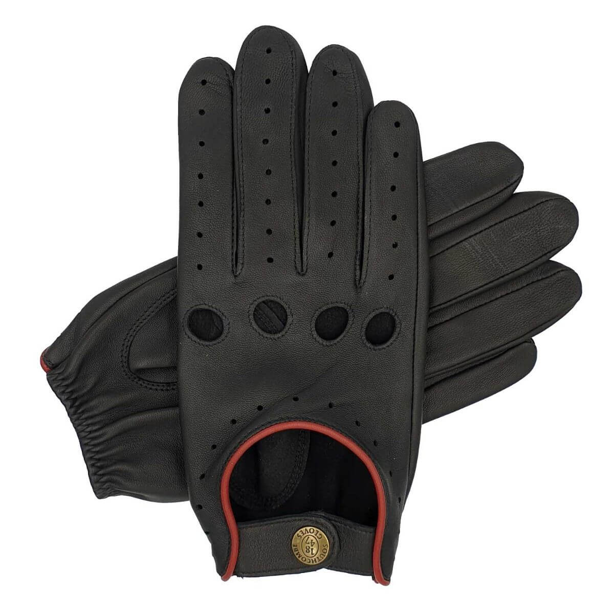 Southcombe Cooper - Men's Unlined Leather Driving Glove - Black/Red